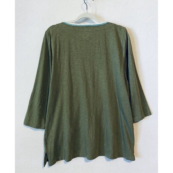 Talbots Top Womens Large Olive Green Embroidered Split Neck Tunic Tassel Boho - Picture 4 of 7